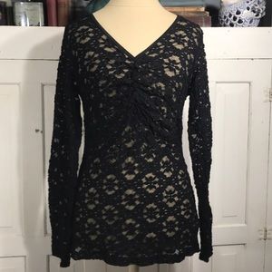 KAREN KANE black floral lace stretch  top sz L